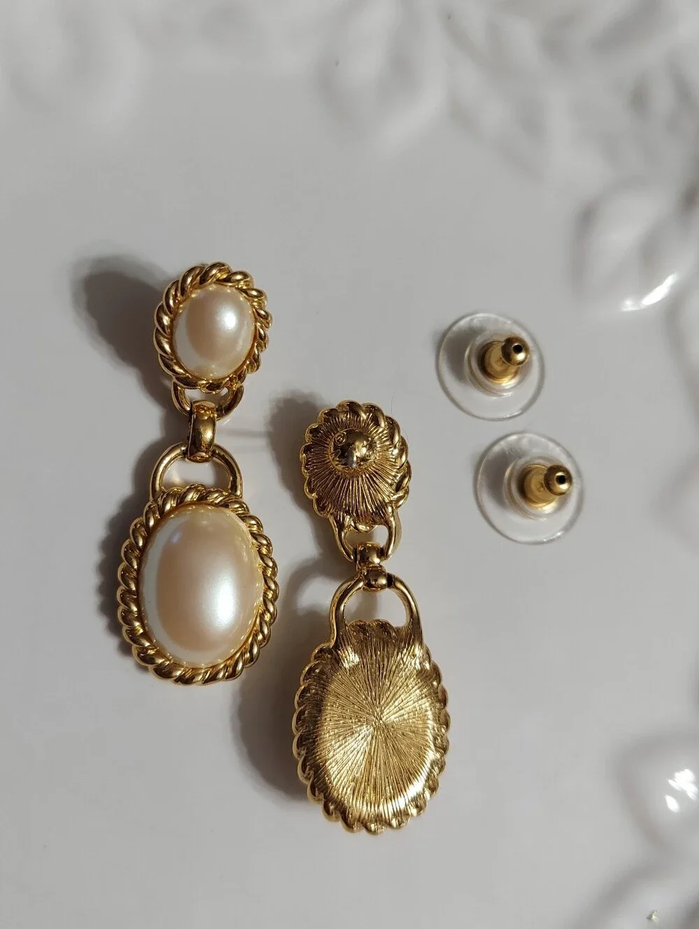 Monet Vintage Textured Gold Tone/Oval Faux Pearl Dbl Drop Earrings